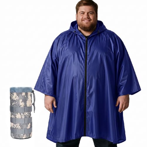 Nomadnia Plus Size Zip-Up Rain Poncho with Hood, Tactical, Waterproof, Blue