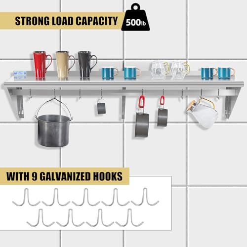 Image of Hally Stainless Steel Shelf with 9 Hooks 18 inch x 72 inch Wall Mounted Pot Rack 500lb, NSF Commercial Floating Shelving for Storage Hanging Pots, Pans, cookware in Restaurant, Kitchen, Home and Hotel