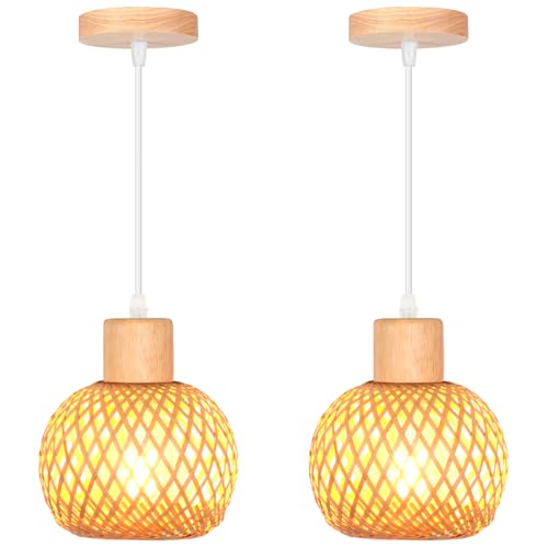 iDEGU Lot de 2 Suspensions Luminaires en Bambou et Bois Vintage Lampe 13cm Mini Abat-jour à Boule Rotin Vintage Lustre Style Bohème E27 Luminaire Plafonnier...