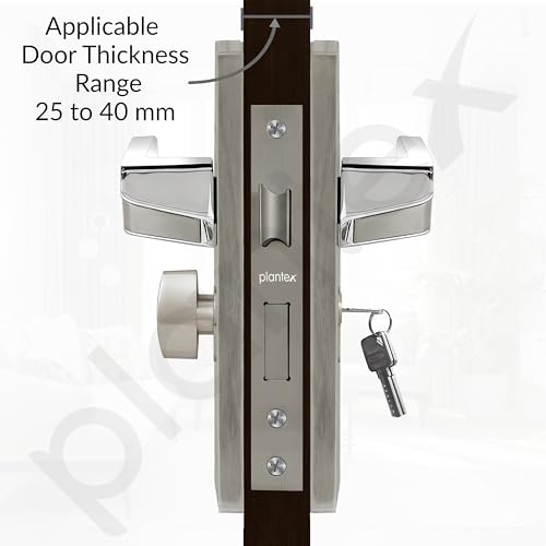 Image of Plantex Heavy-Duty Door Lock /Door Handle Set with 3 Years of Warranty /Mortise Lock with 3 Keys, Brass Lockbody & Cylinder (8133 - Satin Steel & Chrome)