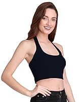 THE BLAZZE 1294 Women's Basic Sexy Solid Halter Neck Slim Fit Sleeveless Crop Top T-Shirt for Women (Medium, Navy)