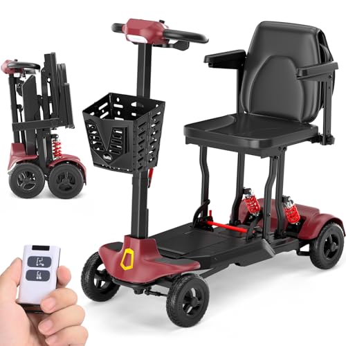 Auto-Folding Mobility Scooter for Adults & Seniors,40 LBS Lightweight Portable 4 Wheel Scooter,Transformer Remote Control Folding Scooter 15AH Battery 14 Mile Range, 275 lbs Capacity RED