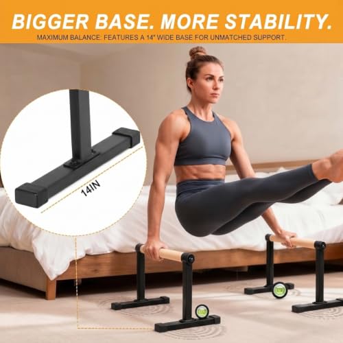 Image of Parallette Push Up Bars Dip Station Stand with Thick Beech Handles, Push-up Bar, Rock-Free Fitness Equipment for Handstand, L-Sit, Gymnastics, Strength Training Home Gym,600lbs (Black, L)