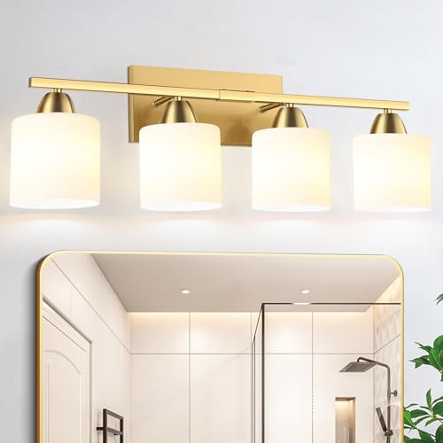 palaro 4 Light Bathroom Light Fixtures,Brushed Gold Vanity Lights for Bathroom with Textured Milky White Glass Shade, Bathroom Lighting Fixtures Over Mirror, E26 Base, Bulbs Not Included