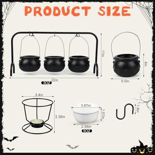 Potchen 15 Pcs Halloween Party Decorations DIY Caramel Apple Dipping Bar Set, 3 Witches Cauldron on Rack, 4 Fondue Pot, 6 Ceramic Pumpkin Plates, 50 Bamboo Cocktail Picks Witchy Table Decorations