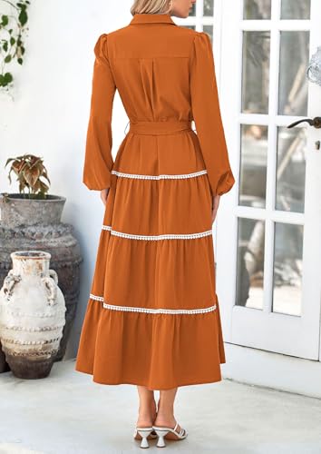 PRETTYGARDEN Womens Casual Dresses Loose Belted Long Lantern Sleeve Tiered Button Down Maxi Shirt Dress with Pockets2