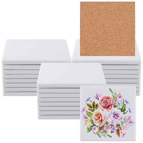 MEIDIV Set of 15 Ceramic Coasters, Sublimation Blanks, Sublimation Coasters Cork Backed, Plain White Ceramic Coaster Tiles for Crafts, Personalised Coasters for Alcohol Ink, Painting, DIY, Art