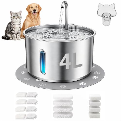 Stainless Steel Cat Water Fountain 4L/135oz Large Capacity Automatic Pet Water Fountain for Cats & Small Dogs Quiet USB Powered Pet Water Dispenser with 4 Filters & 4 Sponges