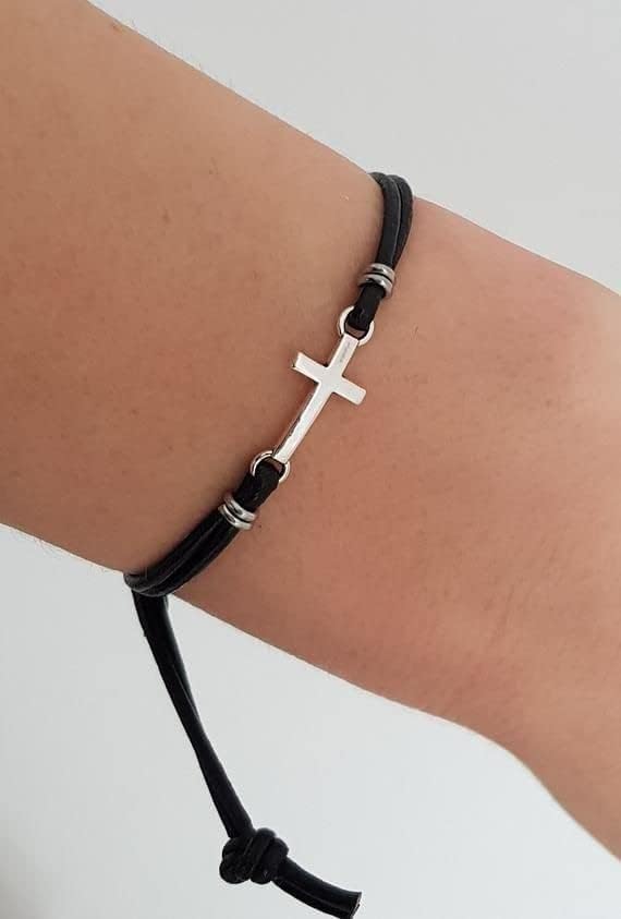 Adjustable bracelet with Christian cross Unique bracelet for women men kids Cross bracelet Small silver cross Leather braided bracelet - Image 2
