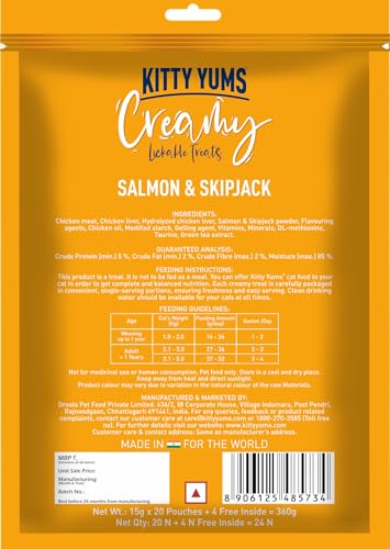 Image of Kitty YUMS Kitten & Adult Creamy Lickable Cat Treats 360g (15g x 24 Pieces) | Salmon & Skipjack Flavour | Rich in Protein | Taurine for Heart | Ideal for Training and Bonding | Promotes Hydration