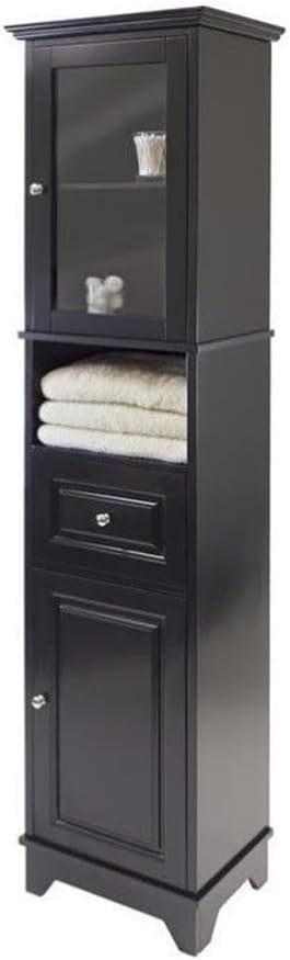 Pemberly Row Tall Linen Cabinet, Adjustable Shelves, Solid Wood and Composite Wood with Glass, Black Finish, 70.87 in Height, Modern Transitional Style Storage for Kitchen or Dining Room