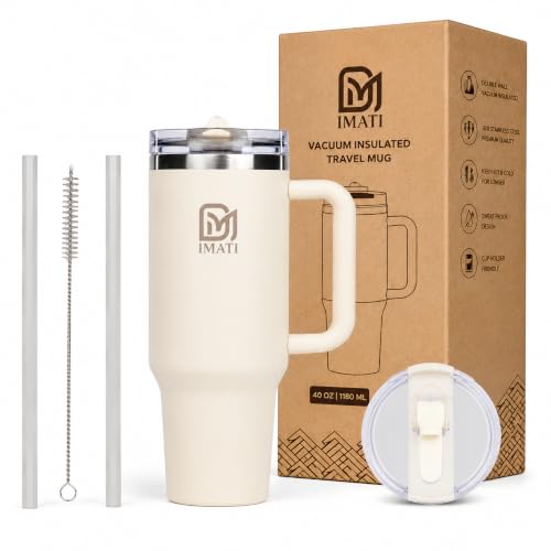 Image of 40oz Tumbler with Side Handle 1.2L | Insulated Stainless Steel Sipper Water Bottle for Adults with 2 Flip Straws Lid 2 Straws & Cleaning Brush Inclued Leakproof Lid for Office & Gym (BONE WHITE)
