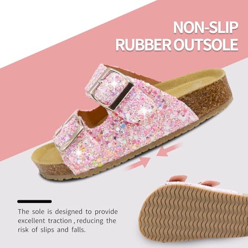 Girls Cork Footbed Slides Sandals Toddler Glitter Summer Non-slip Adjustable Double Buckle Sandals Kid Open Toes Casual Flat Slippers3