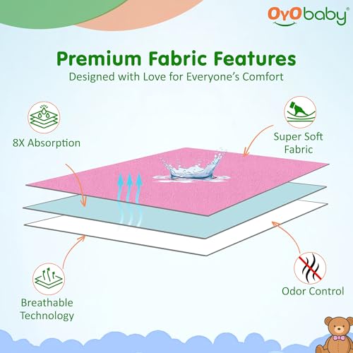 Image of OYO BABY Newborn Dry Sheet Medium Size 100x70 cm, Pack of 2 | Waterproof Mattress Protector | Quick-Dry, Extra Absorbent, Breathable Fabric | Suitable for 0-12 Months Babies - Pink