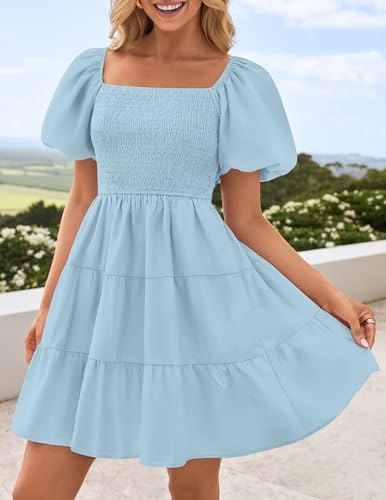 Image of ZESICA Women's Boho 2026 Summer Square Neck Puff Sleeve Off Shoulder Smocked Tiered Casual A Line Short Mini Dress
