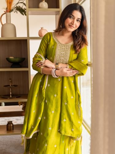 Image of VredeVogel Women's Silk Blend Embroidered Anarkali Kurta with Pant & Dupatta Set | Festive & Casual Women Ethnic Kurta Set for Women