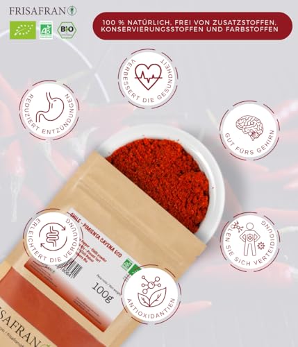 FRISAFRAN | Cayenne Pfeffer gemahlen BIO 100g | Cayenne Pulver | Chilipulver | Reiner Cayennepfeffer | Cayennepfefferpulver | Intensiver Geschmack | ohne Zusätze | natürlich | Ideal zum Würzen