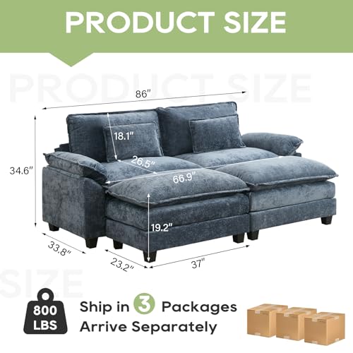 Image of Oprisen 86 inch Modular Sectional Sofa, Comfy Cloud Couch Sectional Sofa with Ottoman, Chenille Sofa Sleeper Deep Seat Sofa with Throw Pillows for Living Room (Blue)
