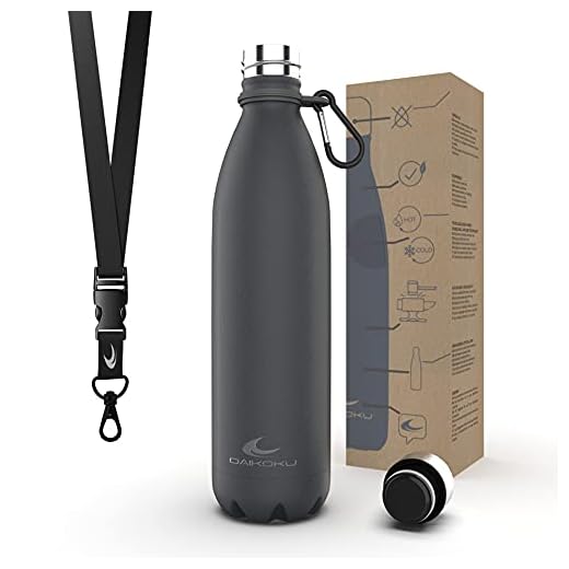 Daikoku Botella Acero Inoxidable + Cinta ajustable + Mosquetón + Anillo Silicona - Termo Doble Pared Libre BPA - 12 Horas Caliente - 24 Horas Fría – Botella Reutilizable - 750ml - Color Gris