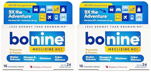 Bonine Non-Drowsy for Motion Sickness Relief, Sea Sickness, Car Sickness, Nausea and Vomiting, with Meclizine Hcl 25mg, Raspberry, Travel-Sized 16ct (Packaging May Vary) (Pack of 2)