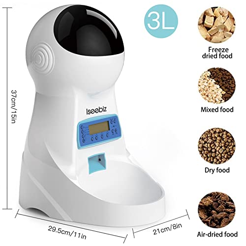 Iseebiz Automatic Cat Feeder, 101oz/3L Timed Cat Feeder for Dry Food with Anti-Clog Design, Up to 4 Meals with Portion Control, Dual Power Supply &10s Voice Recorder for Small Medium Cats Dogs