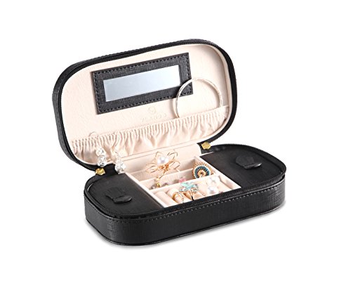 Preisvergleich Produktbild Vlando Schmuckkästchen, klein, tragbar, Kunstleder, Reisen, Schmuck-Box, Organizer, Aufbewahrungsbox, für Halsketten, Ringe, mit Spiegel, schwarz, Schwarz