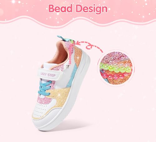 LUCKY STEP Girl's Glitter Sneakers Slip On Hook and Loops Athletic Sparkly Beads Casual Tennis School Party Cute Running Shoes for Children/Girls/Kids(White/Yellow,Little Kids 11) by LUCKY STEP - Image 3
