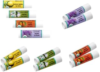 8 Organic Jojoba Oil Lip Balms; 4 different scents: Lemon, Lavender, Orange, Unscented. Each Lip Balm is .15 oz/4.5 gm. Contains scent but there is no taste.