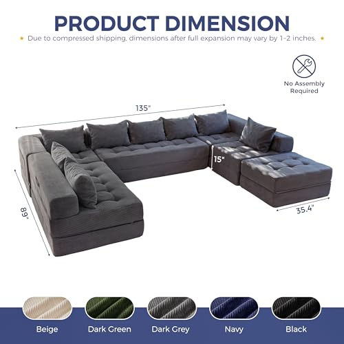 Image of MAXYOYO Modular Sectional Sofa Couch, Foldable Oversized U Shaped Cloud Couch with Pillows, Tufted Boneless Lounger Floor Sofa Bed for Living Room, No Assembly Required, Dark Grey