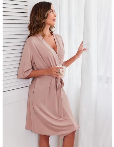 Image of Ekouaer Short Robes for Women Lightweight Kimono Robes Knit Bathrobe Soft Sleepwear with Pockets S-XXL