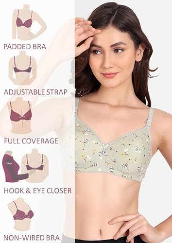 Image of Women Flower Printed Padded Bra - Made of Pure Cotton Full Coverage Non Wired Soft Cup for T-Shirt Saree Dress for Everyday