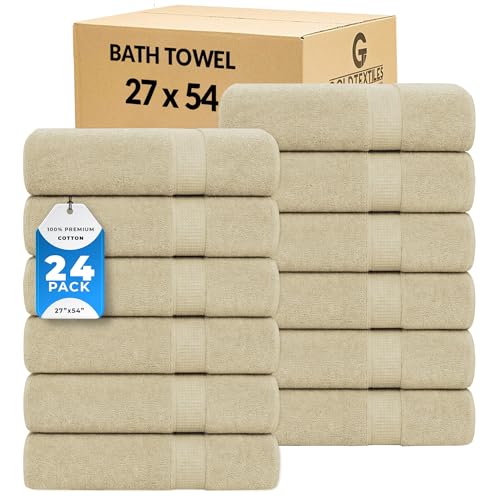 GOLD TEXTILES Premium Bath Towels Set (Pack of 24,27 x 54) 100% Ring-Spun Cotton Bathroom Towels for Hotel, Spa, Soft and Absorbent (27 x 54, Sand - 24 Pcs)