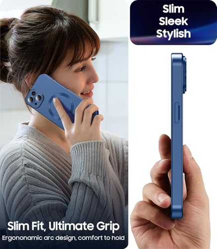 Image of DIZORO Magnetic Case for iPhone 13 / iPhone 14 Cover [Compatible with MagSafe][Built-in Camera Lens Protector] Slim Soft Silicone Bumper Shockproof Metallic Luster Back Cover Phone Cases (Blue)