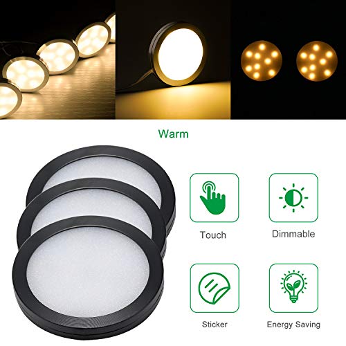 AIBOO Under Cabinet LED Black Cover Puck Lighting Kit with Touch Dimmer Switch for Kitchen Cupboard Closet Lighting (3 Lights,Warm White)