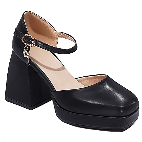 YIYA Women's Chunky Heels Platform Mary Jane Shoes Adjustable Ankle Strap Star Buckle Square Toe Block High Heel Dress Pumps Shoes