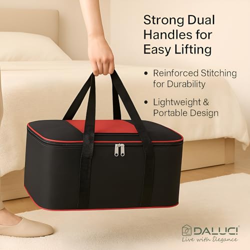Image of DALUCI 2 Pack Underbed Storage Bags for Clothes, Blankets & Sarees, Large Moisture Proof Storage Organizer with Zip, Non Woven Wardrobe Storage Bags - Black (52 x 44 x 20 cm)