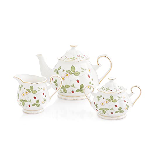 Mostden Fine Bone China 15-Piece Coffee Cup/Tea Cup Set,1 Teapot 1 Sugar Bowl 1 Cream Pitcher, 4 Cups And Saucers,4 Teaspoons Garden Series Mulberry #TOP2