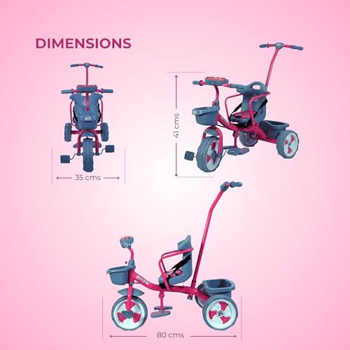 Image of ViniToys Sparx PH Baby Tricycle for Kids 1 to 5 Years with Removable Parental Control Handle, Safety Guard, Seat Belt, Footrest, Music, Storage Baskets and Wide Grip Wheels (Pink, Sparx PH)