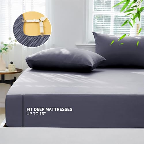 HCORA Spannbetttuch aus 100 % Viskose aus Bambus, Fadenzahl 400, kühlendes Spannbetttuch für Heißschläfer, 40,6 cm tiefes Spannbetttuch, seidig weich, atmungsaktiv und kühlend