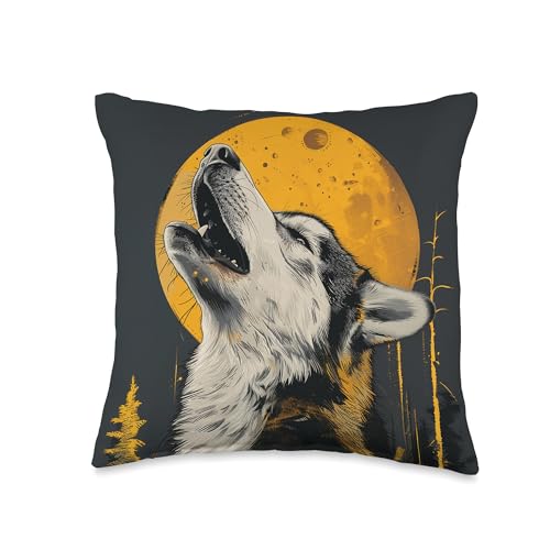 Siberian Husky Howling In Front Of Moon Graphic Throw Pillow