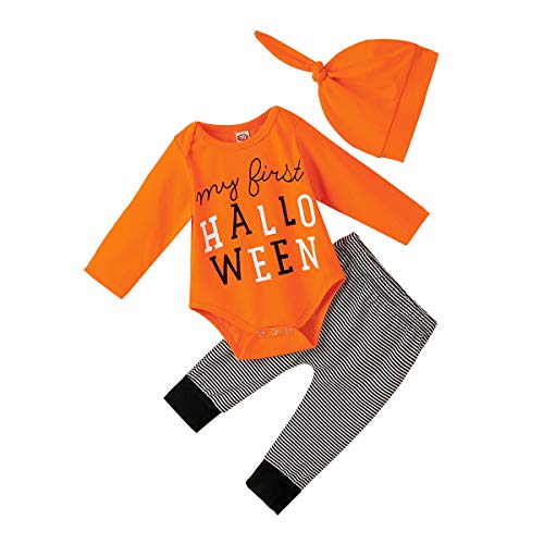 BigBig Style 3 trajes para bebé niña traje mameluco calabaza pantalones a rayas con sombrero naranja Cover