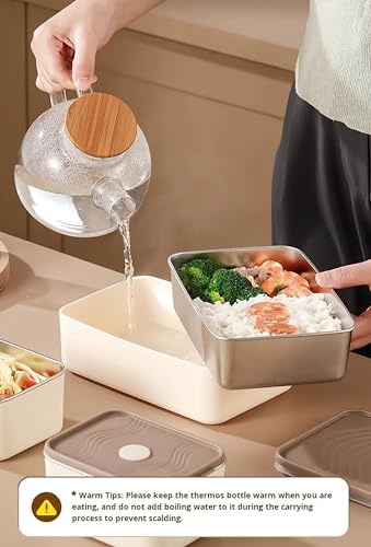 Image of House of Quirk 304 Stainless Steel Bento Lunch Box for Adults - 3 Leakproof Containers (1x1200ml + 2x600ml) with Insulated Thermal Carry Case, Stackable Portable Meal Prep Tiffin (Beige)