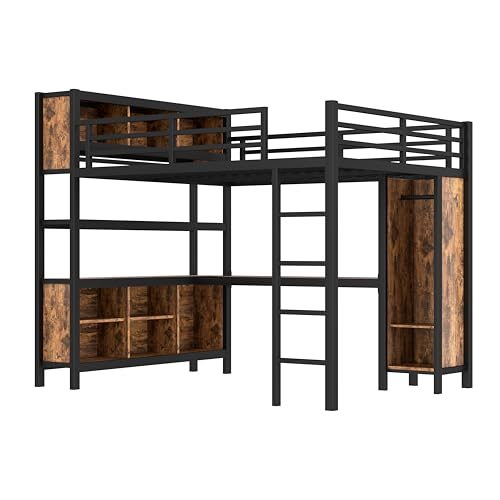 Image of Bellemave Queen Size Loft Bed with Desk, Wardrobe, Storage Cubes and Shelves, Metal Queen Loft Bed Frame for Adults, Kids, Teens, Black and Woodgrain