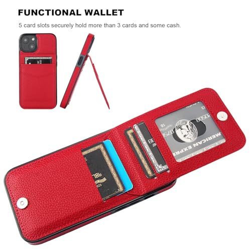 Image of KIHUWEY Compatible with iPhone 13 Case Wallet with Credit Card Holder, Premium Leather Magnetic Clasp Kickstand Heavy Duty Protective Cover for iPhone 13 6.1 inch (Lichee Red)