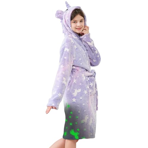 Girls Fleece Hooded Robes Soft Bathrobe for Kids - Glow in the Dark Unicorn Gifts for Girls, 3-14 Years