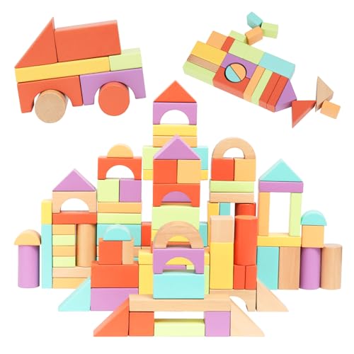 Nene Toys Bloques de Construcción de Madera 100 Piezas para Niños desde 1 Año – Bloques de Madera FSC de Colores Vivos – Juguete Montessori de Apilamiento y Clasificación – Regalo Niños Niñas 1-3 Años