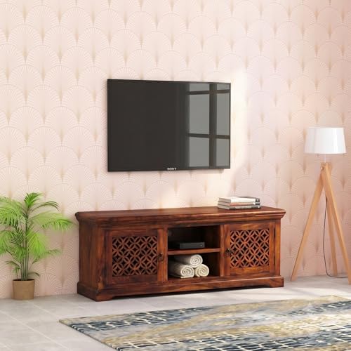 Image of Sheesham Wood Entertainment TV Unit Cabinet with 2 Drawer and 2 Shelf Storage for Home Living Room Solid Wooden Furniture for Hall & Office Decor - (Honey Finish)