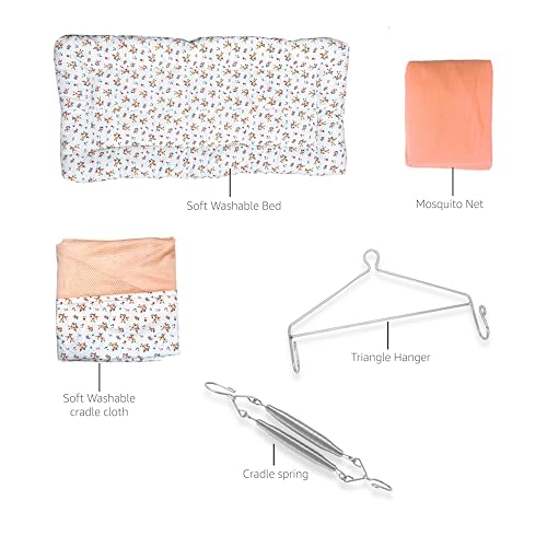 Image of Beetot New Born Baby Swing Cradle (Jhula) | Cradle Set With Mosquito Net, Spring And Triangle Hanger | Weight Capacity Up To 20Kg | Age From 0-12 Months | Bismark Premium (Orange) - Cotton