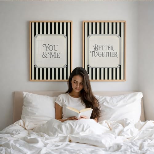 Image of Suneree You and Me Better Together Wall Art Set of 2 Framed Paintings | Couple Quote Black White Vintage Poster | Bedroom Home Decor (Art 10, 10x13 Inches)