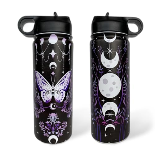 Goth Tumbler with Straw and Lid Gift for Boys Girls Gothic Water Bottle Halloween Travel Kettle Cup for Car Cold and Hot Stainless Steel Double Wall Insulated Mug (butterfly moon, 18oz)